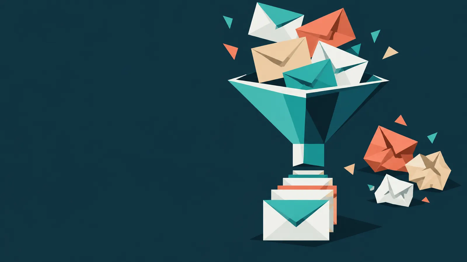 A stack of envelopes pouring through a funnel into a neat pile, with a few crumpled ones set aside, drawn in flat geometric shapes